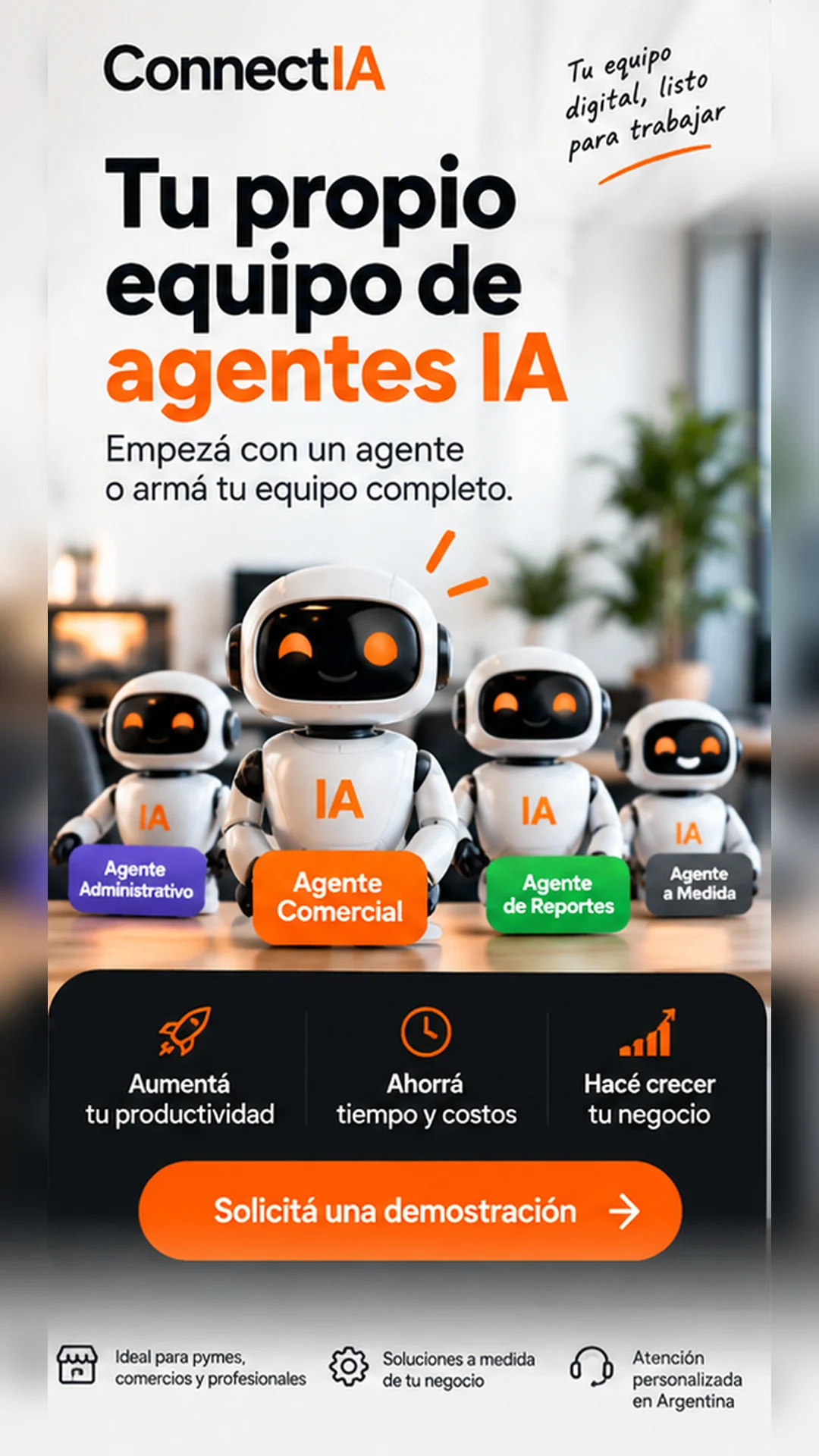 Equipo de robots blancos con detalles naranjas que representa agentes comerciales, administrativos, de reportes y a medida.